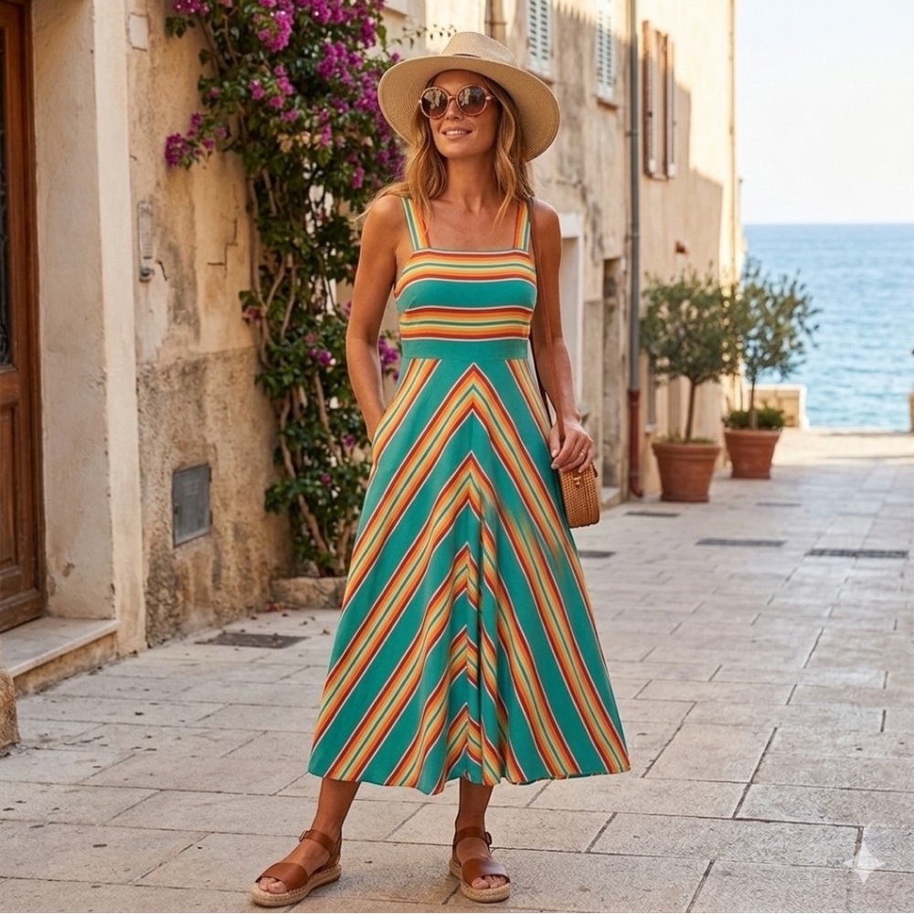 Polo Ralph Lauren Striped Sundress L (12–14) Teal Multicolor Midi Dress Coastal